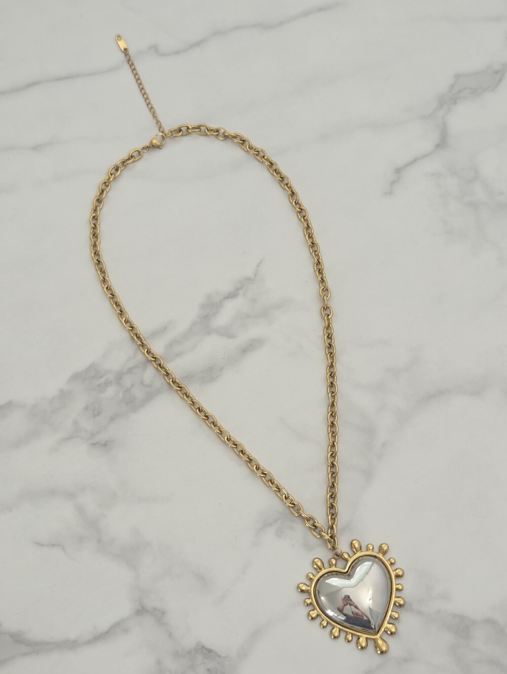 Two Tone Puffy Heart Pendant Statement Necklace - Picture 6 of 16